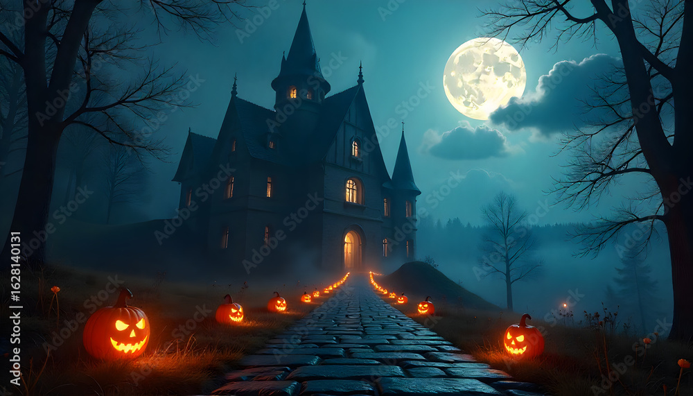 Fototapeta premium Spooky Halloween night scene: A captivating illustration of Halloween night. Illuminated pumpkins guide the path toward the haunted castle, with the glowing moon enhancing the mystical ambiance. 