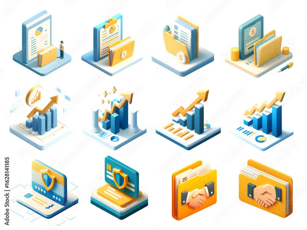 Fototapeta premium Set of vibrant 3D graphics showcasing business, finance, growth, and data security concepts with engaging visual elements and attractive color schemes suitable for diverse professional themes