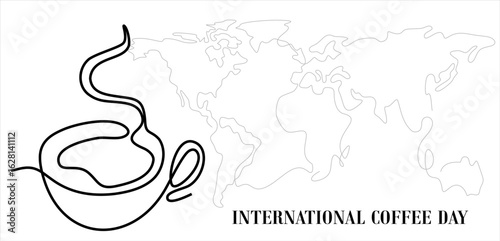 International Coffee Day World Map with Coffee Cup. Art. line icon-continuous line drawing. Editable stroke. 