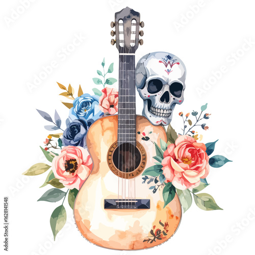 Vibrant Watercolor Acoustic Guitar with Decorative Sugar Skull and Lush Floral Bouquet