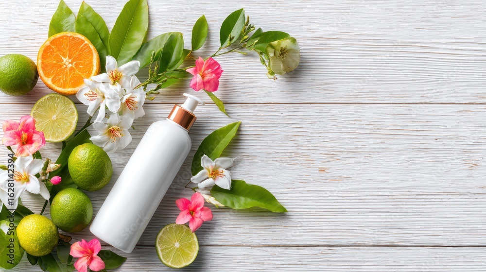 Bottle surrounded by citrus fruits and flowers, displayed atop a rustic white wooden surface Bottle surrounded by citrus fruits and flowers, displayed atop a rustic white wooden surface