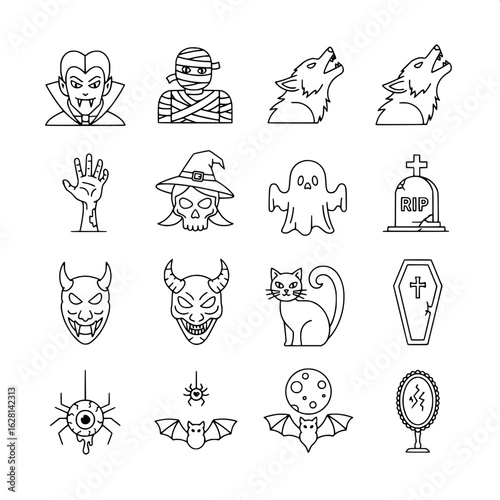 16 creepy Halloween vector icons in minimal black and white, including monsters, cursed objects, and classic symbols. Ideal for UI, stickers, and spooky printables.
