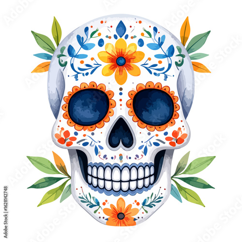 Vibrant Watercolor Sugar Skull Adorned with Colorful Floral Decorations