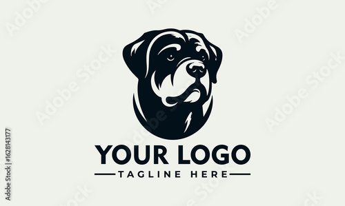 A stylized, black and white graphic of a Rottweiler dog head, presented as a logo design with placeholder text.