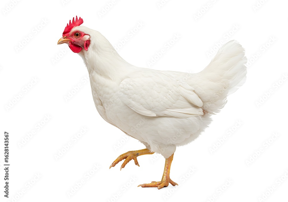Fototapeta premium White chicken walking isolated on white background in a studio shot