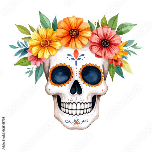 Vibrant Sugar Skull with Floral Crown Illustration, Ornate Blue and Orange Details