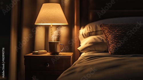 Nighttime scene of a wooden bedside table with a steaming mug, next to a neatly made bed under dim ambient lighting