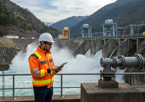 Engineer in safety vest using tablet at hydroelectric power station dam