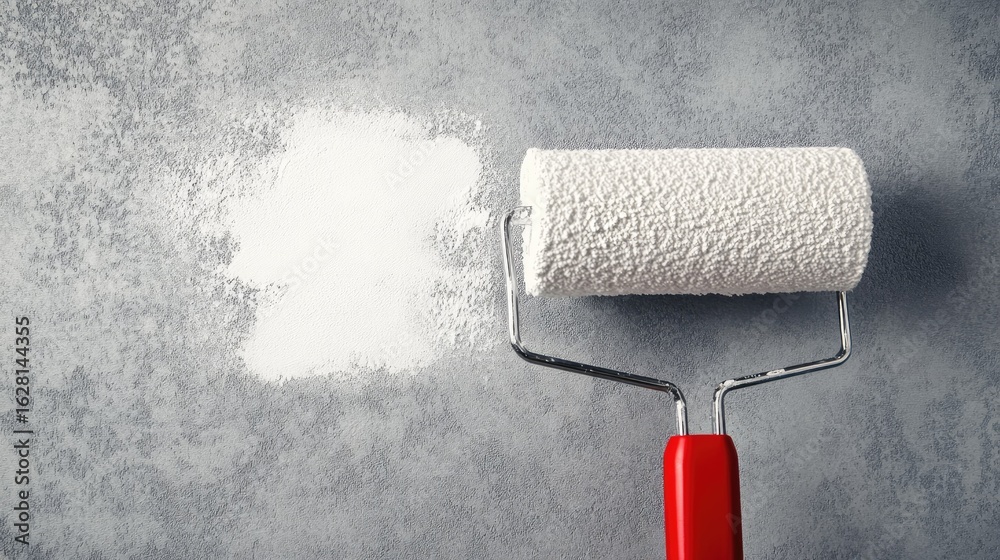 Obraz premium Paint roller leaving a fresh stroke of white paint on a gray wall, showing the transformation process in home renovation