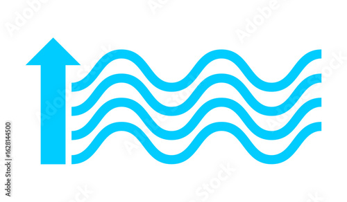 Flood icon, blue wavy lines with up arrow, high water level, increased water flow symbol.