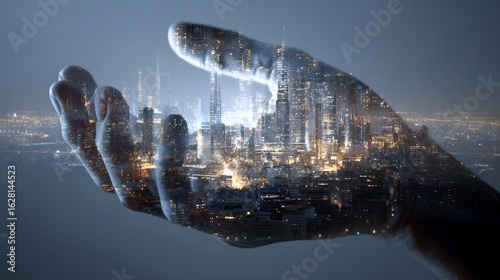 Futuristic smart city with embedded financial indicators supported by a glowing hand