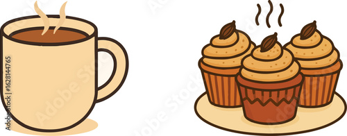 Hot Chocolate and Tea with Cupcakes Vector Icon
