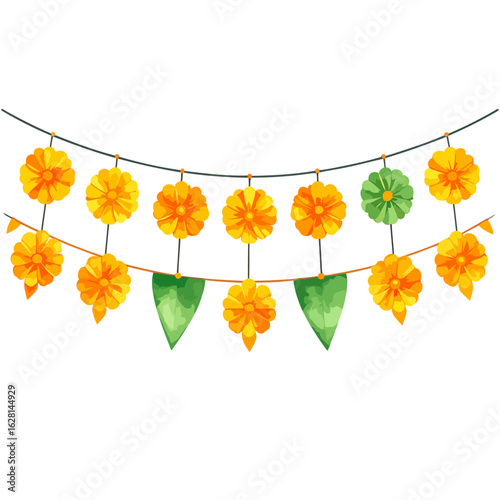 Hanging festive toran garland with yellow marigold flowers and green mango leaves for Indian celebrations.
