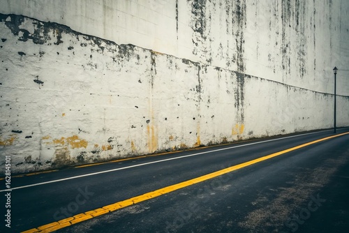 Wallpaper Mural Empty asphalt road with yellow line next to a weathered concrete wall Torontodigital.ca