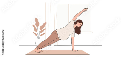 Pregnant woman doing side plank exercise on a yoga mat indoors fitness