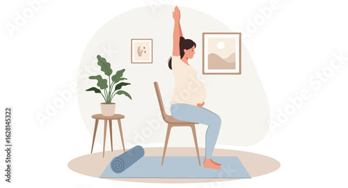Pregnant woman sitting on chair doing yoga with arms raised on a white background vector
