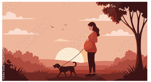 Pregnant woman walking dog at sunset with stylized landscape and birds leash