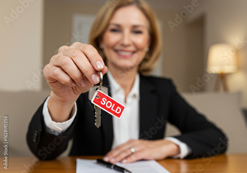 Happy professional woman presenting house keys with a red 'SOLD' tag, signifying a successful real estate transaction or new home ownership.