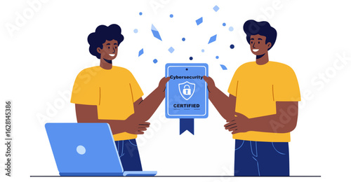 Two men in yellow shirts holding a cybersecurity certification badge with a laptop nearby
