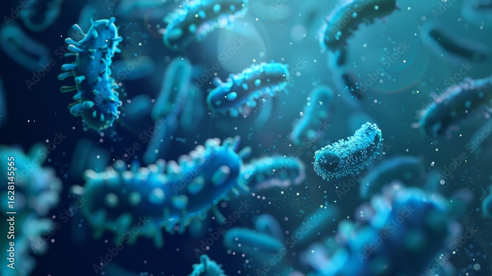 Fototapeta premium close up of a bunch of blue bacteria. The bacteria are in a blue color and are spread out in the image