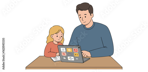 Father and daughter learning together on a laptop with colorful icons on a white background