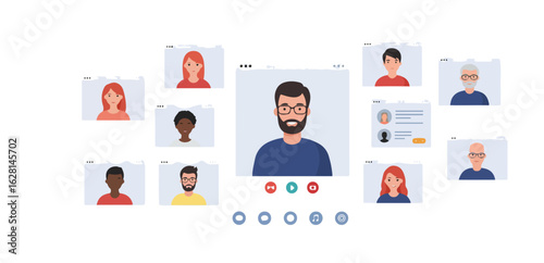 Diverse group of people in video conference call windows with communication icons online meeting