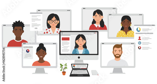 Diverse group of people in video conference calls on computer screens and laptop online meeting