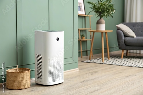Modern white air purifier standing in a stylish living room with green walls