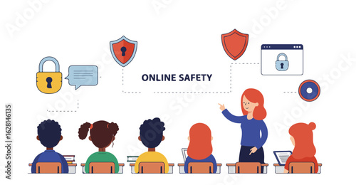 Teacher instructing children on online safety with digital security icons classroom education
