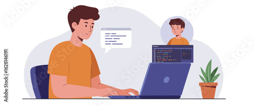 Young man coding on laptop with small avatar of himself in a thought bubble programming