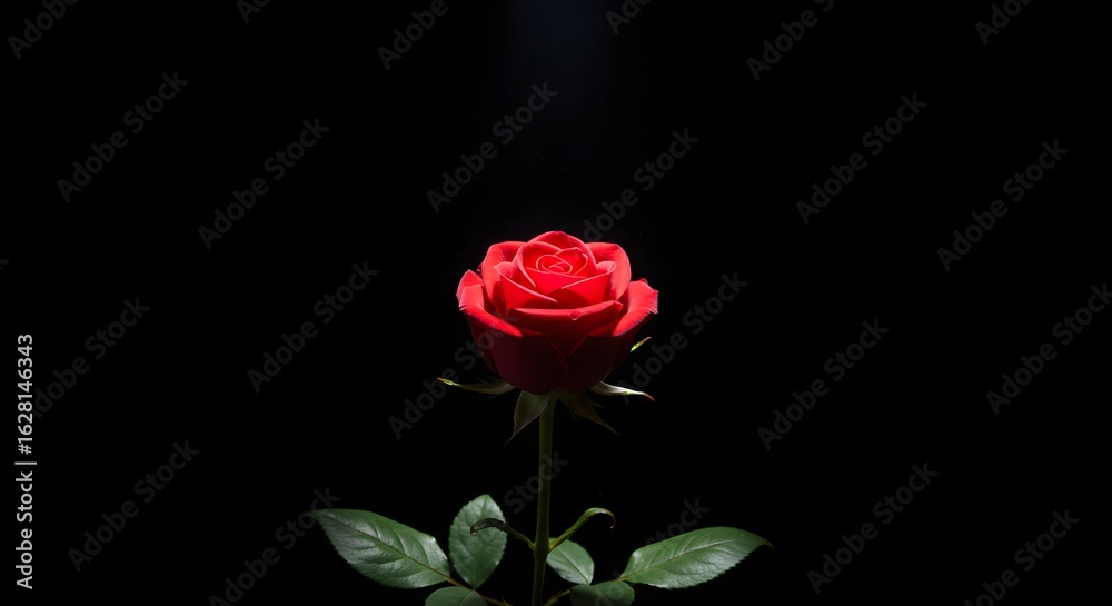 Fototapeta premium Single Red Rose with Water Droplets Illuminated by Spotlight on Dark Background Representing Love and Beauty