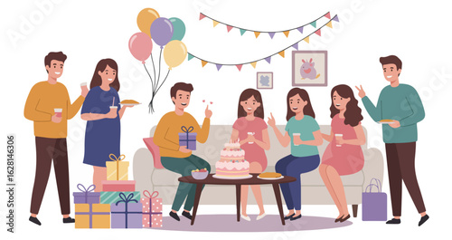 Diverse group of people celebrating with cake and gifts at a party with balloons and bunting