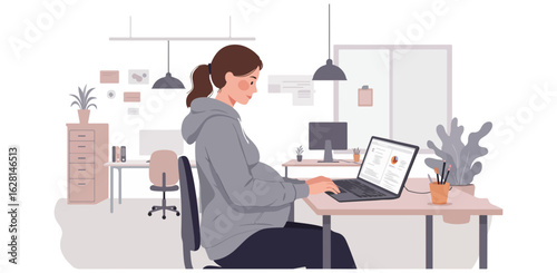 Pregnant woman working on laptop at desk in home office with plants and filing cabinet