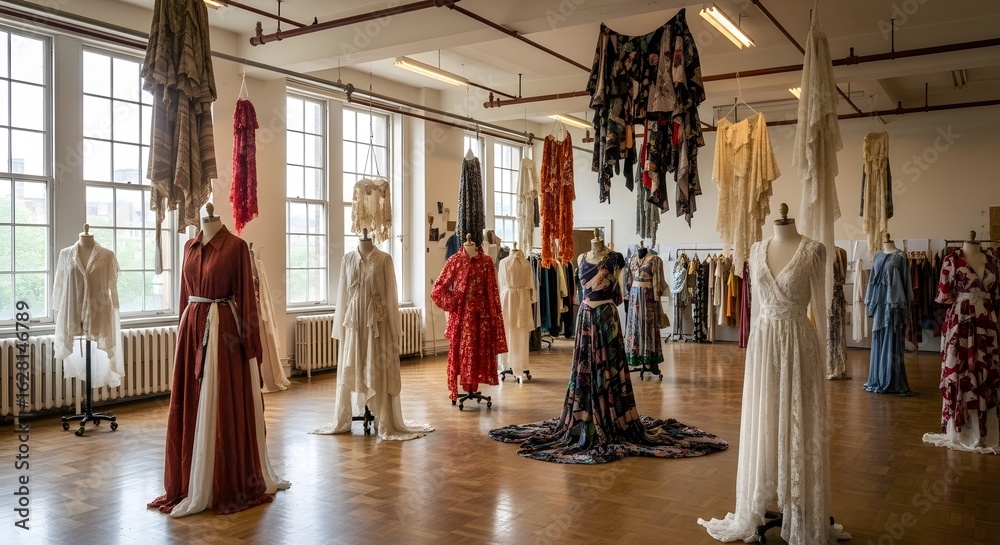 custom made wallpaper toronto digitalA fashion design exhibition in a spacious studio with unique garments displayed on mannequins and hanging from the ceiling.