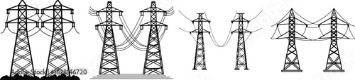 High Voltage Transmission Tower Vector Set. Electric Power Line Pylon Silhouette Collection.