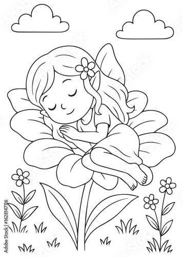 Coloring book Fairy sleeping in flower