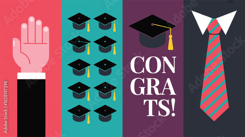 Graduation card with raised hand mortarboards and striped tie tassel congratulation