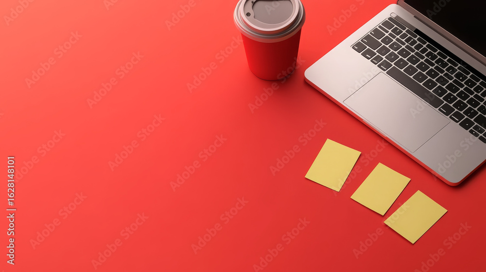 Obraz premium Laptop, sticky note, coffee cup, workspace, red background create modern office scene