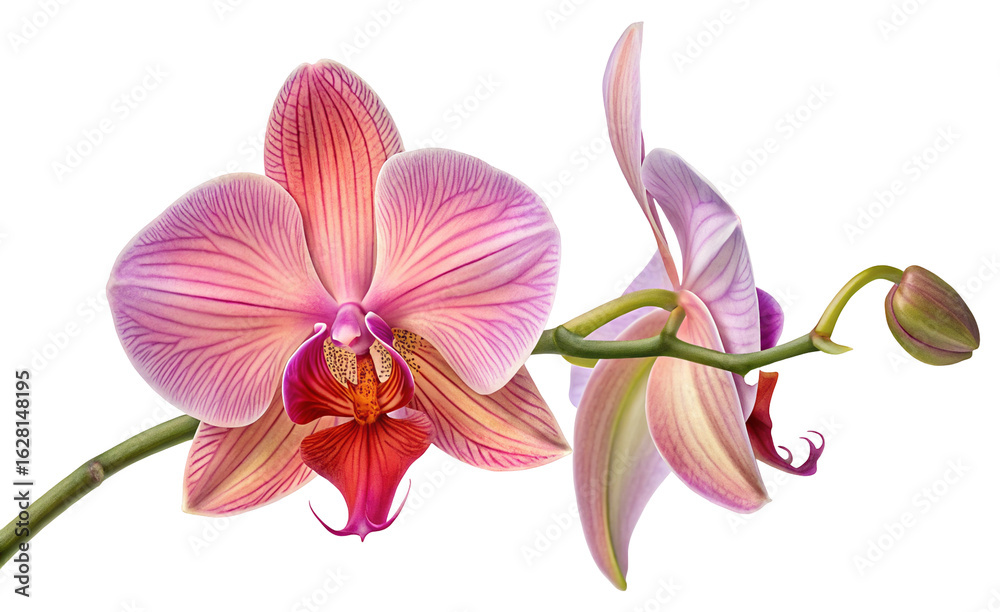 Naklejka premium Elegant pink orchid flowers with vibrant petals and green stems on a dark background photography