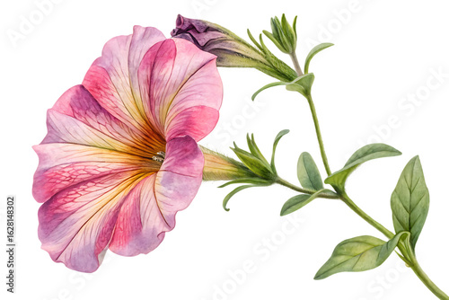Ai generated image of watercolor painting of a pink and white striped petunia flower with a bud and leaves, isolated on transparent background