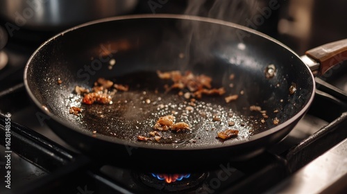 Side view of a dirty frying pan on a stove, showing grease splatters and leftover food bits from recent cooking