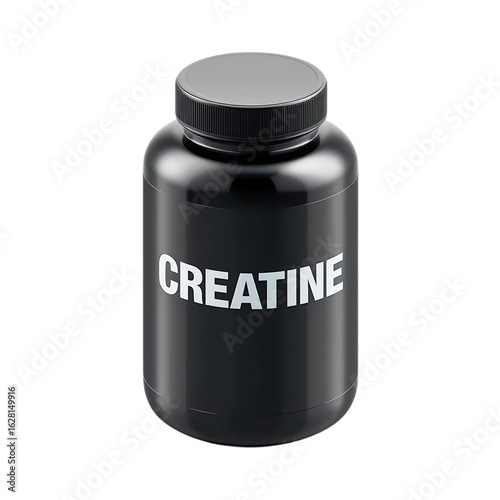 Black creatine supplement bottle for fitness isolated on transparent background