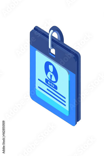 Dark blue ID badge, 3D isometric view
