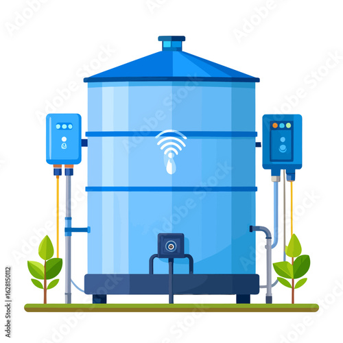 Blue water storage tank with automated controls and sensors, designed for sustainable water management.