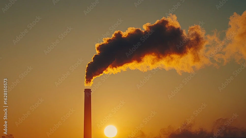 Fototapeta premium Smoke plume drifting from a tall chimney, illuminated by the golden sun at dusk, forming a striking contrast against the fading sky