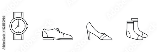 Fashion footwear accessories wearable item icon vector illustration for style shoes socks heels watch elegance trendy outfit clothing dressing essentials.