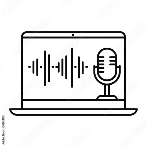 Digital Sound Studio. A sleek line art illustration showcases a laptop displaying an audio waveform with a classic microphone, representing a digital sound studio.