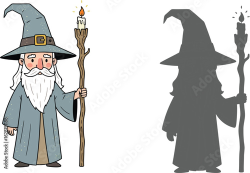 Illustration of wizard with staff and candle fantasy character