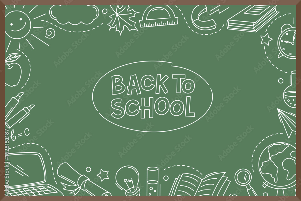 Fototapeta premium Back to school doodle elements. Poster with hand drawn school supplies on blackboard. Education, learning, knowledge concept. Vector illustration