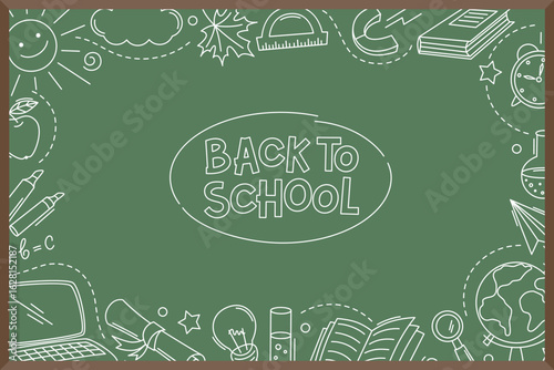 Back to school doodle elements. Poster with hand drawn school supplies on blackboard. Education, learning, knowledge concept. Vector illustration